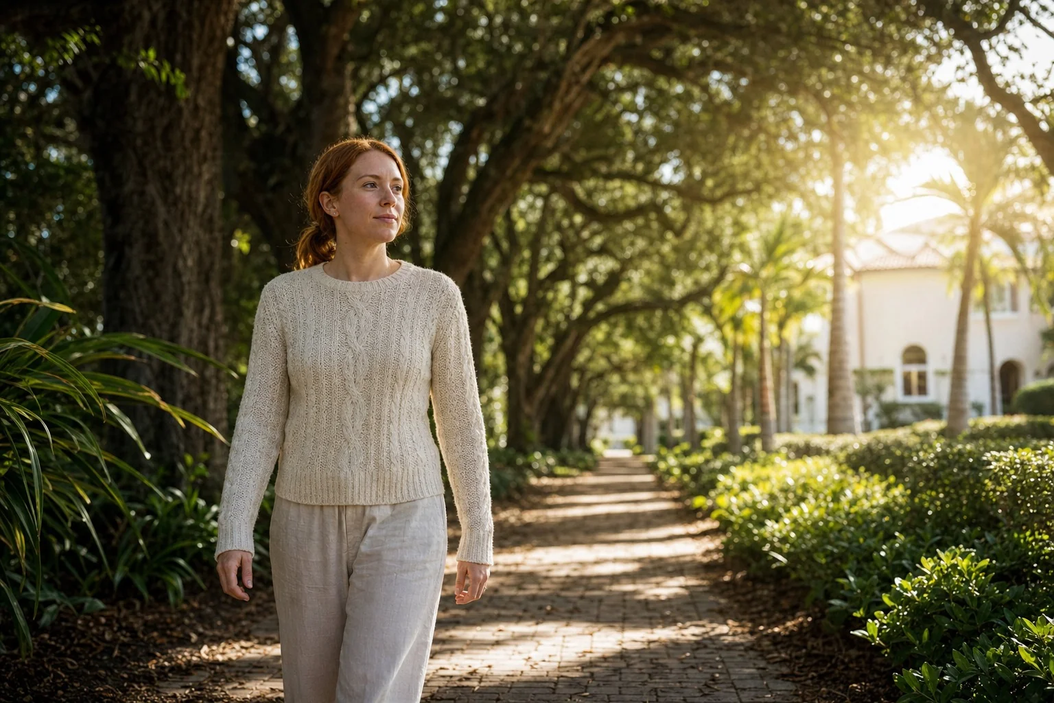 A woman walking forward on an oak-lined garden path at the RECO Intensive Delray Beach campus