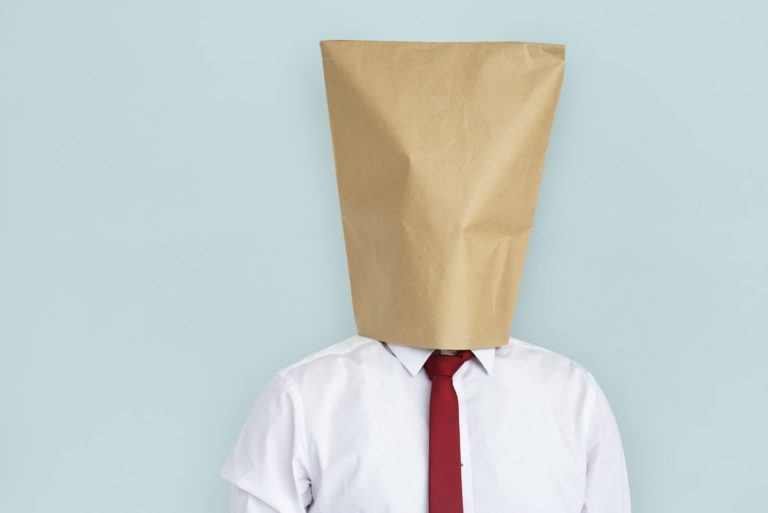 Man Paper Bag Cover Face Ashamed Portrait Concept